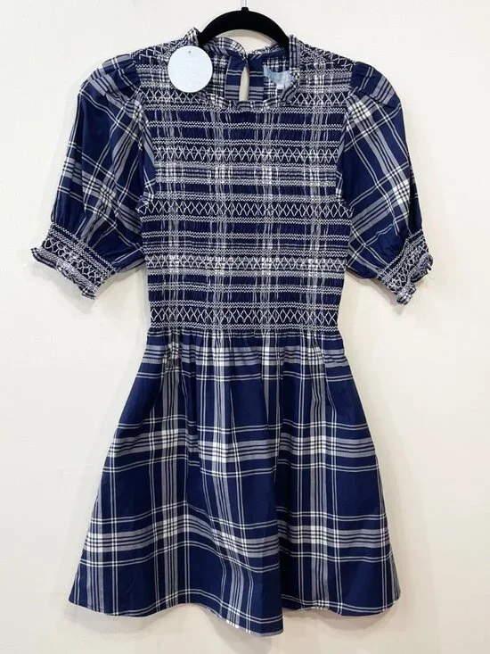 New Hill House Vivi 100% Cotton Plaid Mini Nap Dress Blue White XXS - Picture 3 of 9